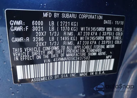 2019 Subaru Ascent Touring from USA, damaged, VIN 4S4WMARD5K3437502